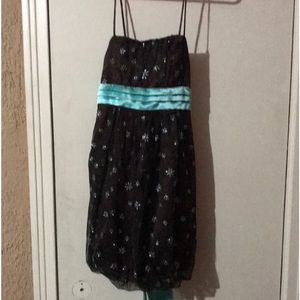 Girls 12 Emily West dress sparkly flowers brown with turquoise blue waist ribbon